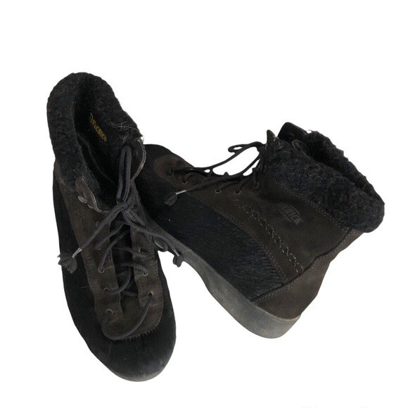 TECNICA Animal Hair Suede Sherpa Lined LaceUp Black Boots Made in Italy VINTAGE - Picture 9 of 9